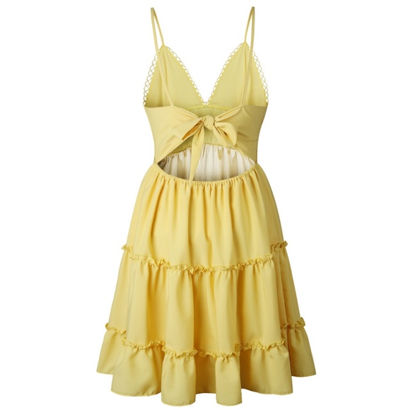 Open back lace top tiered yellow summer dress - Picture 6 of 6